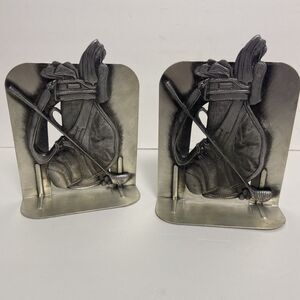 Pewter Golf Bag Book Ends Metzke Silver 80’s Raised Relief Textured Finish